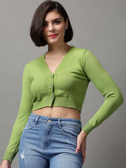 Green cropped button up sweater hot sale