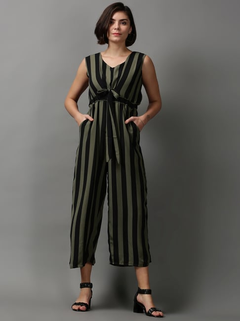 Buy SHOWOFF Olive Green Cotton Striped A-Line Jumpsuit for Women Online ...