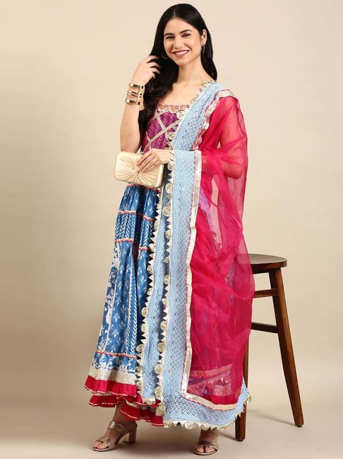 SHOWOFF Blue Printed Kurta Sharara Set Price in India