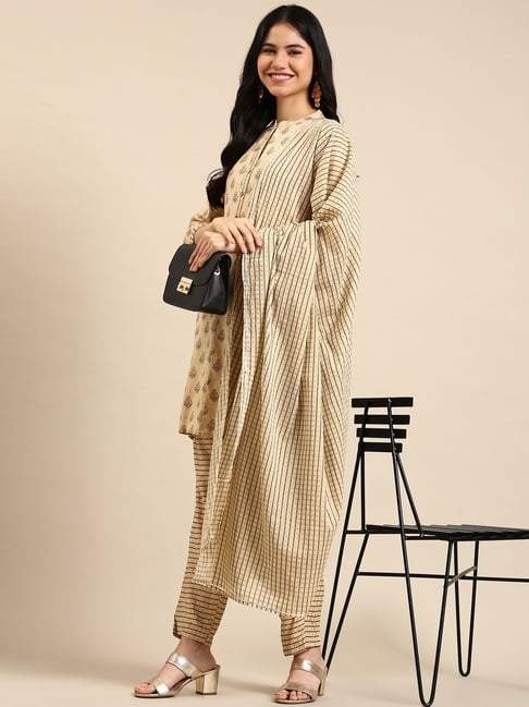 SHOWOFF Beige Printed Kurta Pant Set With Dupatta Price in India