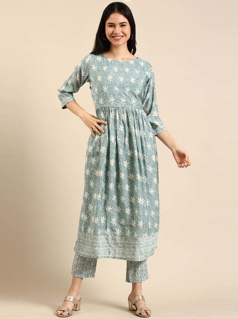 SHOWOFF Sea Green Printed kurta Pant Set Price in India