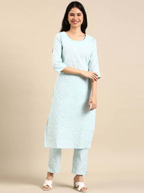 SHOWOFF Blue Striped kurta Pant Set Price in India