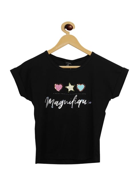 Tiny Girl Kids Black Cotton Printed Top