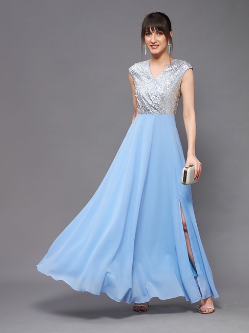 Sky Blue V Neck A-line Long Prom Dress with Long Sleeves