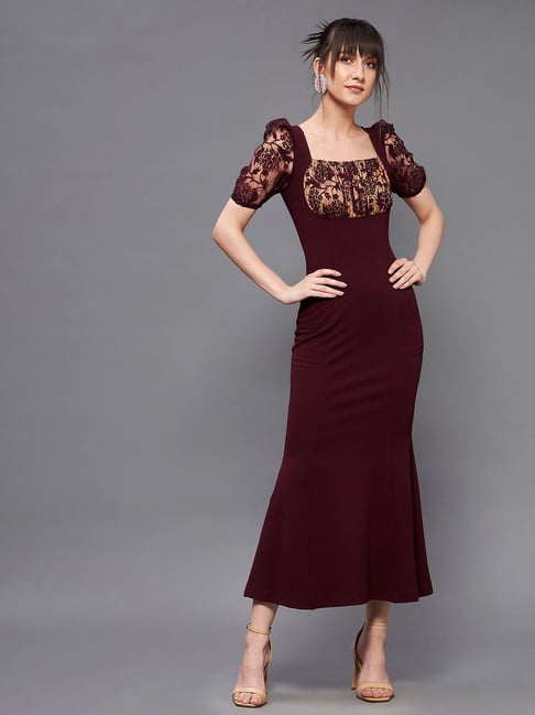 Miss Chase Wine Self Design Midi Dress Price in India