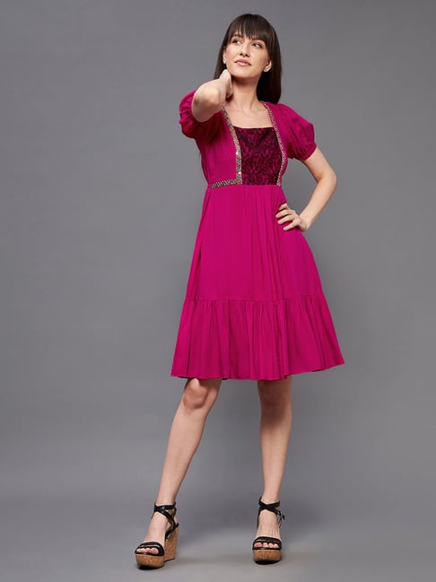 Miss Chase Dark Pink Embellished Fit & Flare Dress Price in India