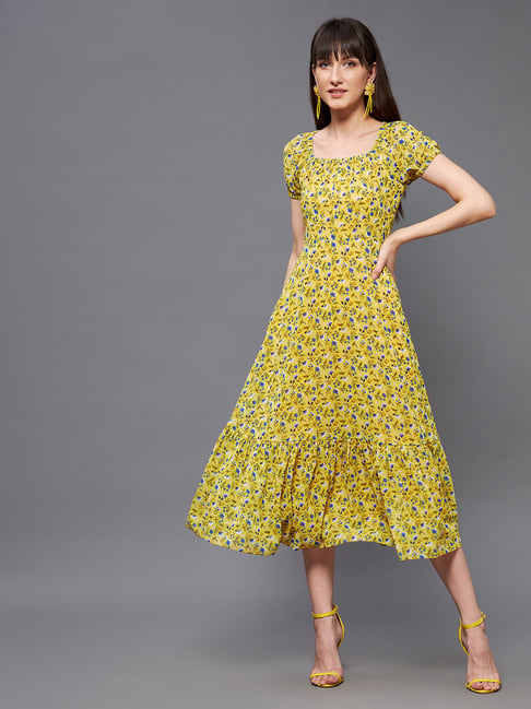Miss Chase Yellow Floral Print Midi Dress Price in India