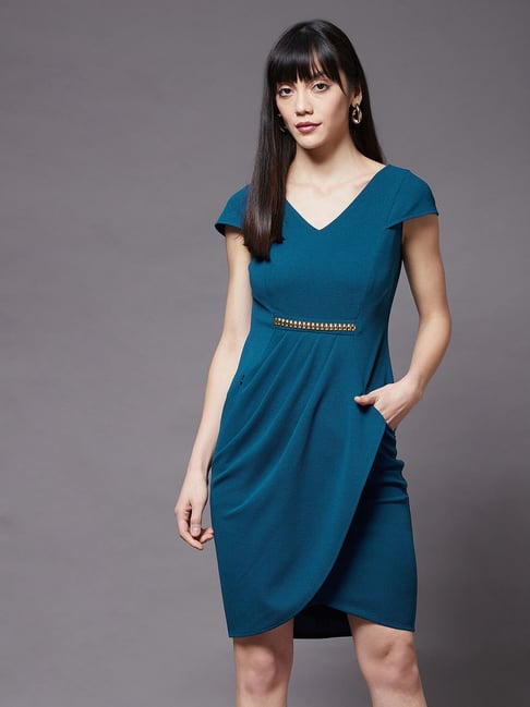 Miss Chase Teal Slim Fit A Line Dress Price in India