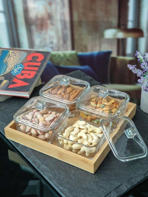 Buy Goodhomes Transparent Nut Bowl with Wooden Tray Set of at