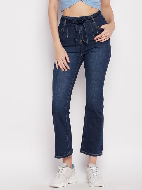 Buy MADAME Blue Denim Flared Fit Mid Rise Jeans for Women Online