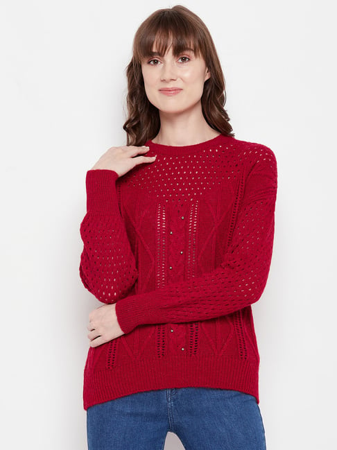 MADAME Red Self Design Sweater