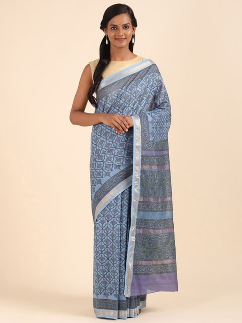 Taneira Blue Silk Cotton Floral Print Saree With Unstitched Blouse Price in India