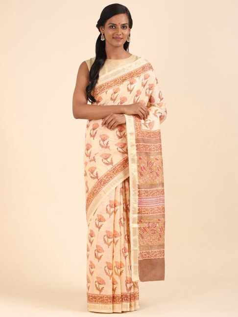 Taneira Beige Silk Cotton Floral Print Saree With Unstitched Blouse Price in India