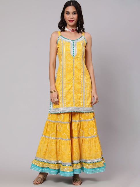 Aks Yellow Printed Kurta Sharara Set With Jacket & Potali Bag