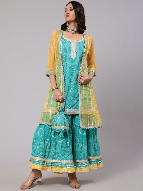 Aks Blue Printed Kurta Sharara Set With Jacket & Potali Bag