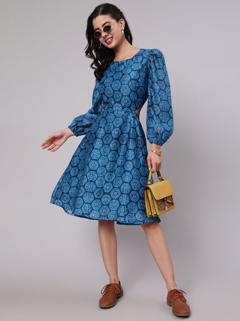 Aks Blue Printed Skater Dress Price in India