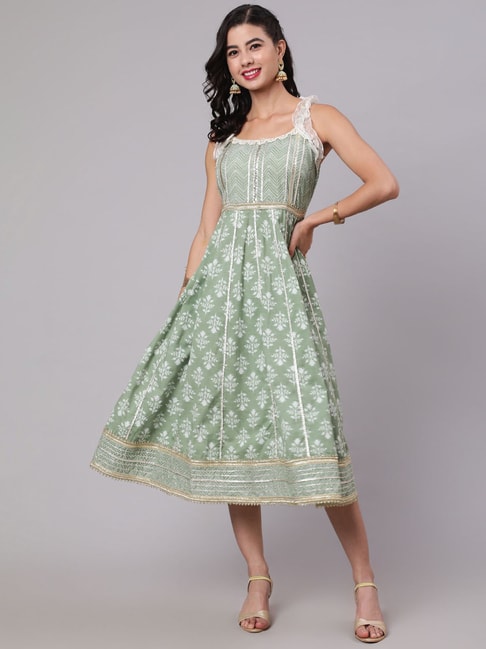 Aks Pastel Green Printed Fit & Flare Dress Price in India