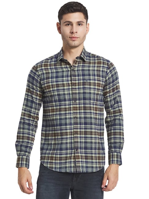 Monte Carlo Green & Navy Cotton Regular Fit Checks Shirt