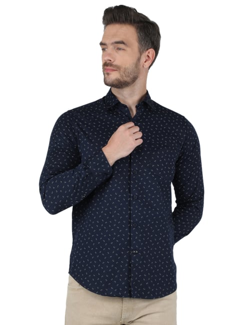 Monte Carlo Navy Cotton Slim Fit Printed Shirt