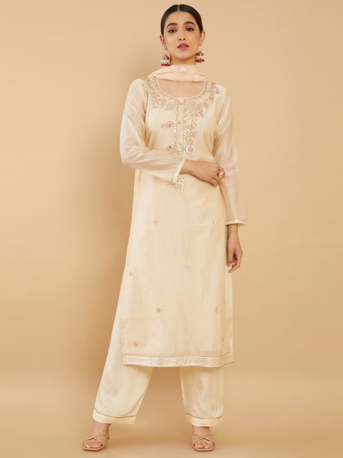 Soch Beige Embroidered Unstitched Dress Material