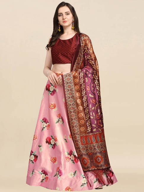 Satrani Pink Printed Lehenga Choli Set With Dupatta Price in India