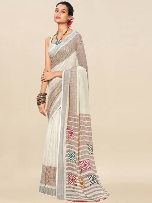 Satrani Off-White Geometric Print Saree With Unstitched Blouse Price in India