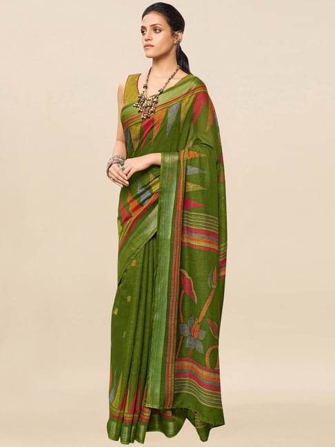 Satrani Green Geometric Print Saree With Unstitched Blouse Price in India