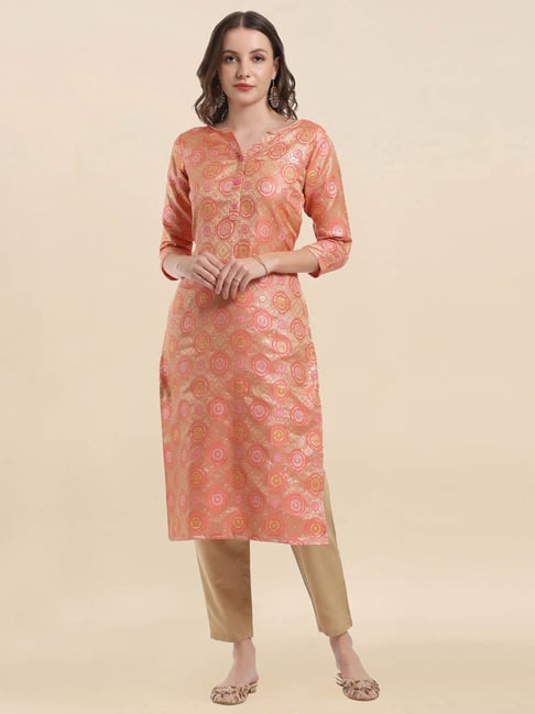 Satrani Peach Woven Pattern Straight Kurta Price in India