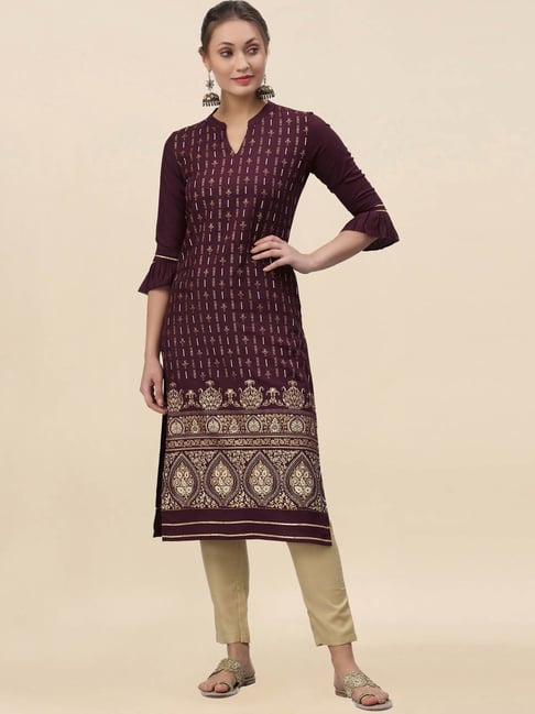 Satrani Purple Printed Straight Kurta Price in India