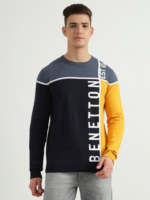 United Colors Of Benetton Multi Cotton Regular Fit Colour Block Sweater