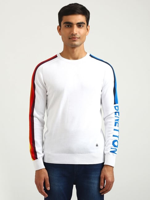 United Colors Of Benetton White Cotton Regular Fit Striped Sweatshirt