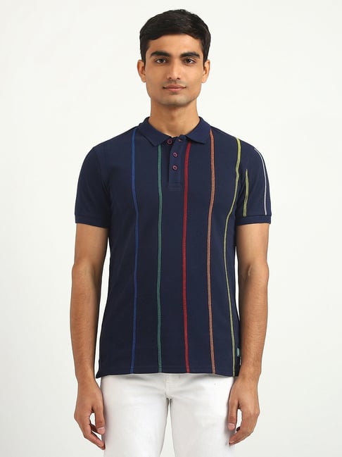 United Colors Of Benetton Navy Blue Cotton Regular Fit Striped Polo T-Shirt