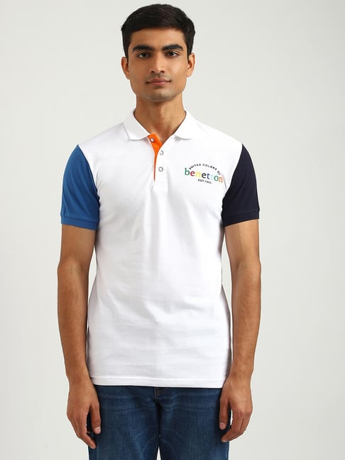 United Colors Of Benetton White Cotton Regular Fit Colour Block Polo T-Shirt