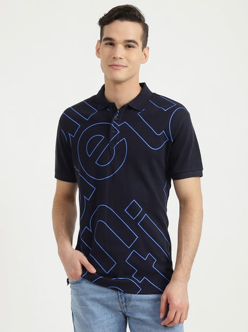 United Colors Of Benetton Navy Blue Cotton Regular Fit Printed Polo T-Shirt