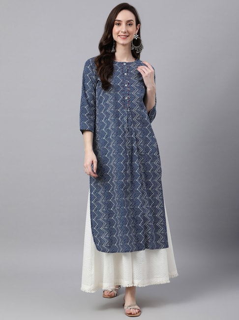 Janasya Blue Cotton Printed Straight Kurta Price in India