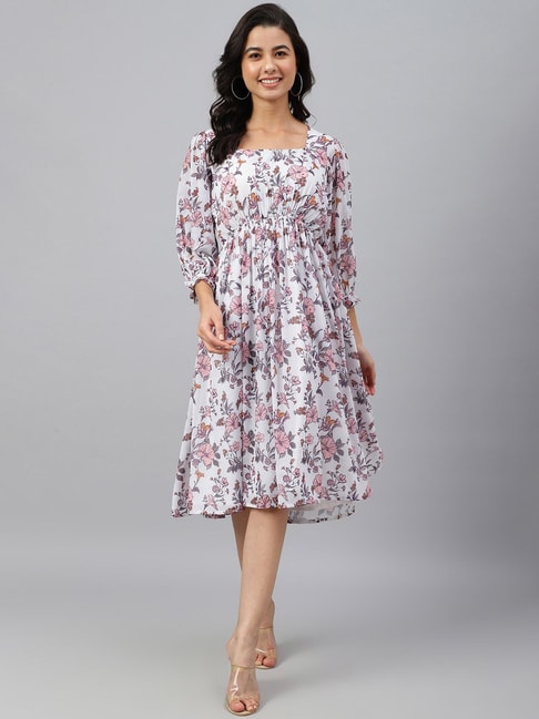 Janasya White Floral Print A-Line Dress Price in India