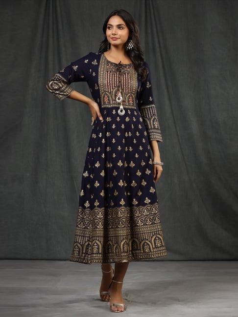 SCAKHI Sky Blue Cotton Embroidered Empire-Line Dress