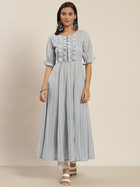 Jaipur Kurti Grey Striped Maxi Dress Price in India