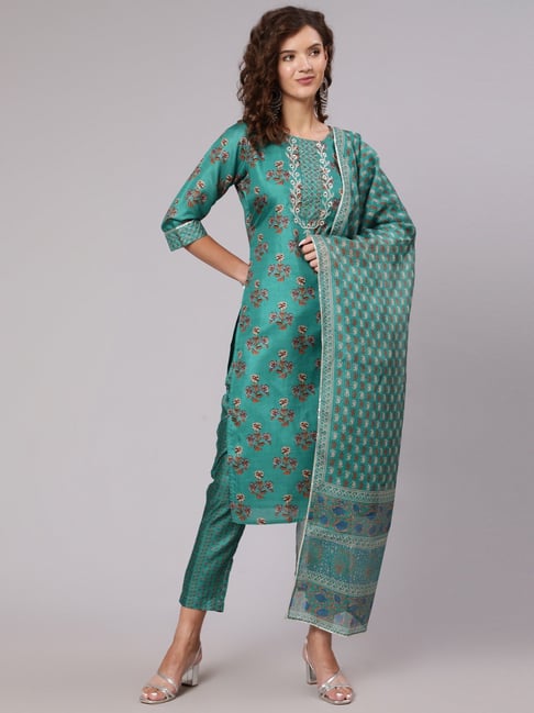 Jaipur Kurti Sea Green Printed Kurta Pant Set With Dupatta