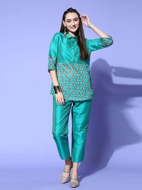 Jaipur Kurti Teal Green Printed Tunic Pant Set Price in India