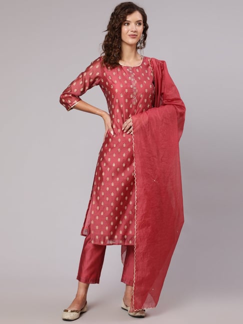 Jaipur Kurti Maroon Printed Kurta Pant Set With Dupatta