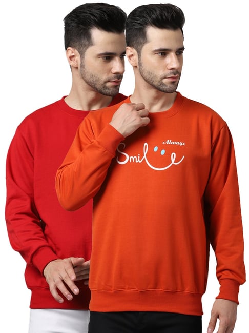 Vimal Jonney Red & Orange Regular Fit Printed Sweatshirts - Pack of 2