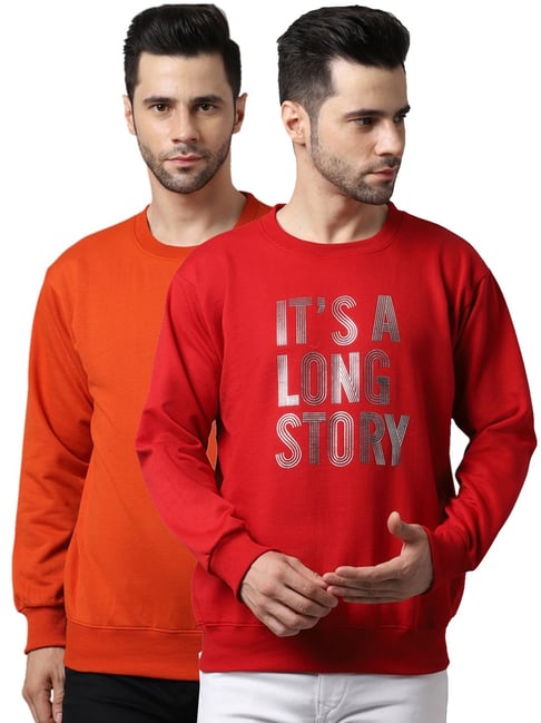 Vimal Jonney Red & Orange Regular Fit Printed Sweatshirts - Pack of 2