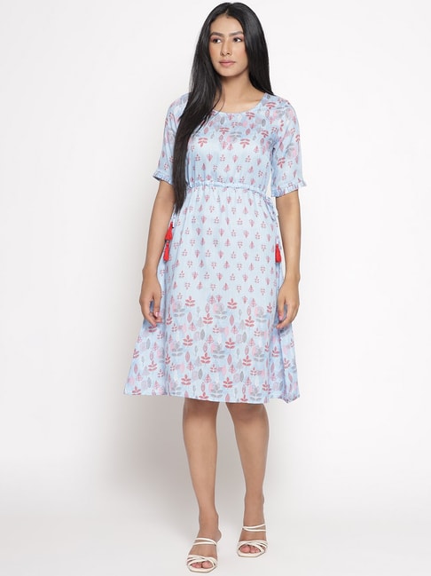 Aurelia Blue Floral Print A-Line Dress Price in India