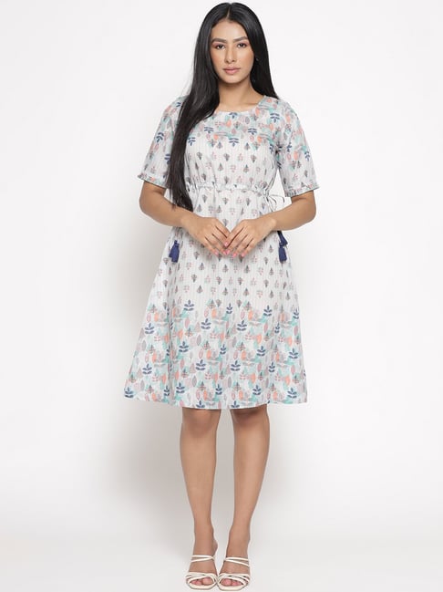 Aurelia Off-White Floral Print A-Line Dress Price in India