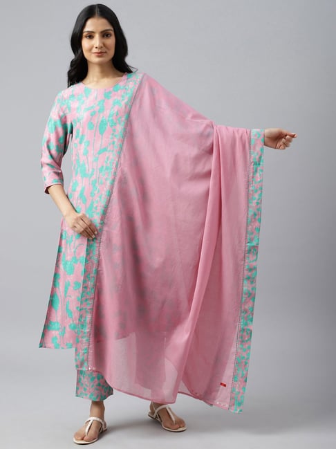 Off-white printed kurta and pants | Indian dresses, Floral applique,  Embroidered silk