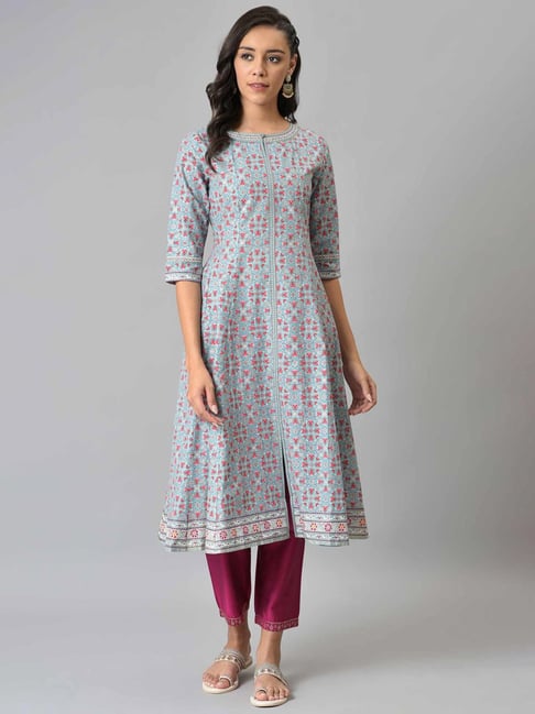 W Blue & Pink Blue & Pink Cotton Floral Print Kurta Pant Set Price in India