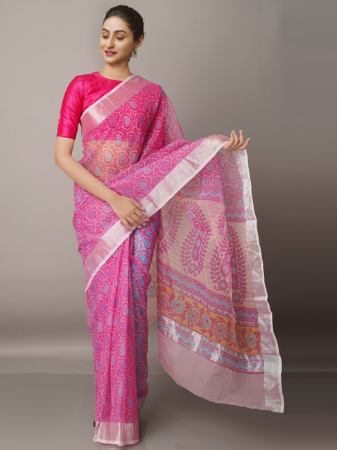 Unnati Silks Pink Paisley Print Saree With Unstitched Blouse Price in India