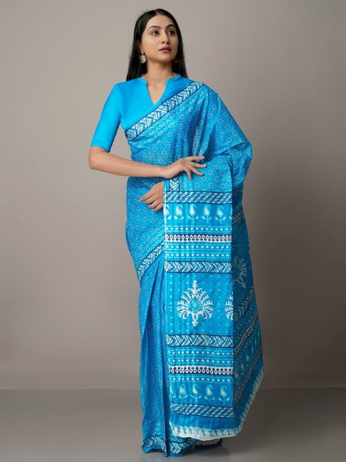 Unnati Silks Blue Cotton Paisley Print Saree With Unstitched Blouse Price in India