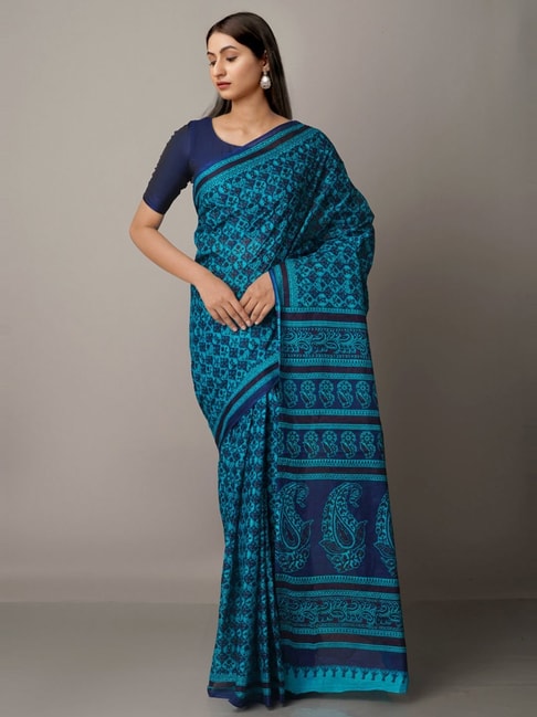Unnati Silks Blue Cotton Paisley Print Saree With Unstitched Blouse Price in India